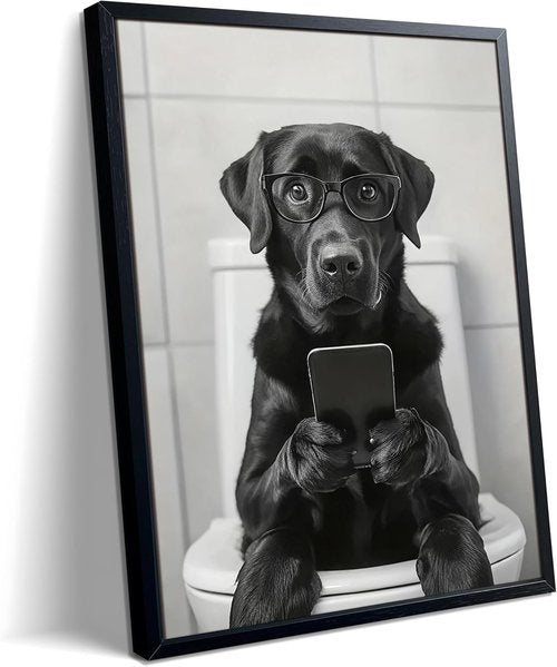 Labrador Dog Canvas Art - Funny Bathroom Wall Decor | Cute Toilet Dog Print 8x10 Inch Framed