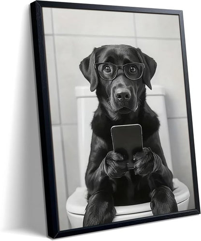 Labrador Dog Canvas Art - Funny Bathroom Wall Decor | Cute Toilet Dog Print 8x10 Inch Framed