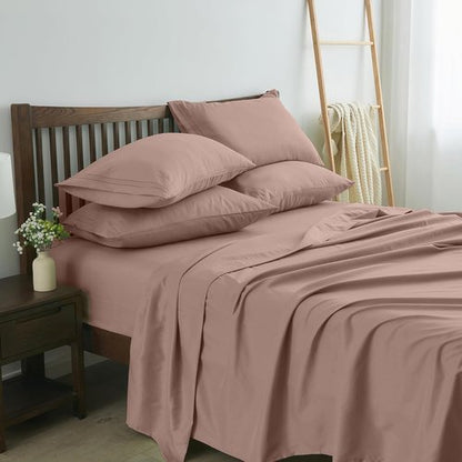 Linenline King Size Sheet Set - 6pcs Soft & Breathable Bamboo Rayon | 16-Inch Deep Pocket, Dusty Pink