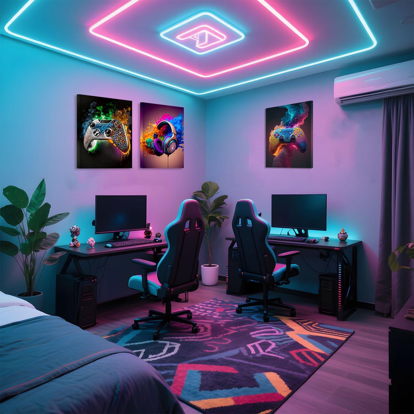 SEHSUVC Gaming Room Canvas Wall Art - Set of 3 Gamer Posters | Framed 12x16 In Pictures for Boys' Rooms