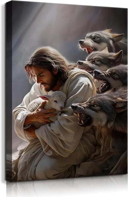 Christian Canvas Wall Art - Jesus and the Lamb Decor | Inspiring 12x16in Artwork for Home & Church