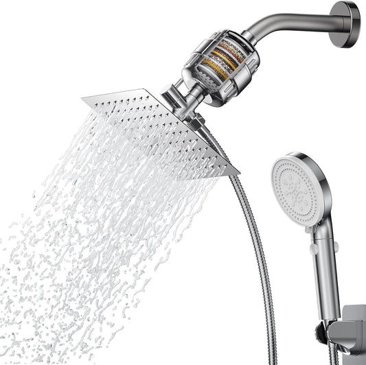 Filtered Shower Head 20 Stage Shower Filter 8″ Rain Showerhead with Handheld Combo for Hard Water Detachable 5 Modes High Pressure with 60" Stainless Steel Hose & Holder, Chrome