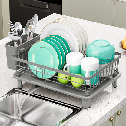 Skiennix Small Dish Drying Rack - Space-Saving Kitchen Organizer with Cutlery Holder | 11''W x 15''L, Gray