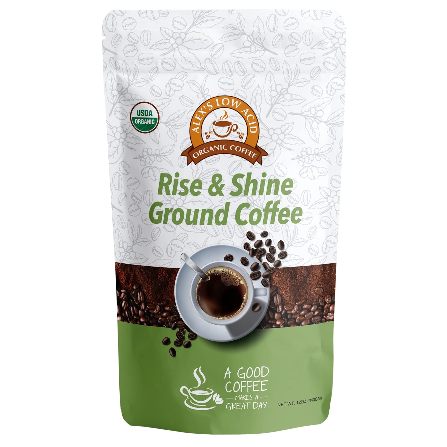 Alex's Low Acid Organic Coffee 12oz Bag - Rise and Shine Fresh Ground (Pack of 1)