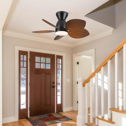 Kviflon Low Profile Ceiling Fans with Lights and Remote/APP Control, 30 Inch Small Tropical Ceiling Fan with Light Flush Mount, Outdoor Palm Leaf Ceiling Fans for Patios Porch, Quiet, Brown
