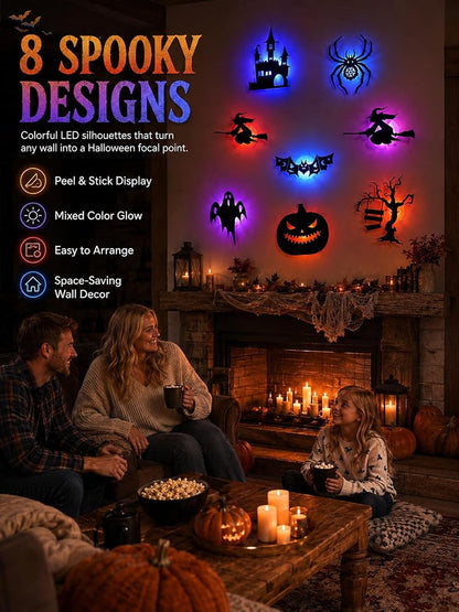 Halloween LED Wall Stickers - 24pcs Glow in the Dark Bat & Spooky Silhouettes Set