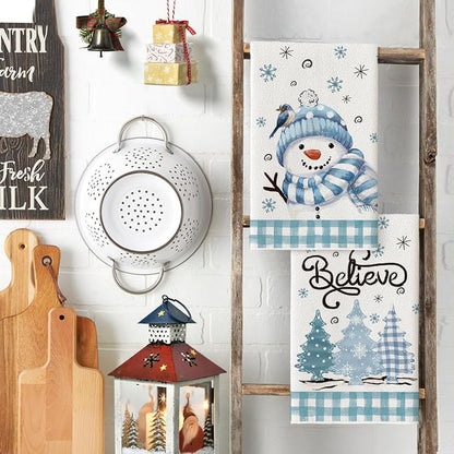 Artoid Mode Blue Beige Snowman Christmas Kitchen Towels, Set of 2 18x26 Inches