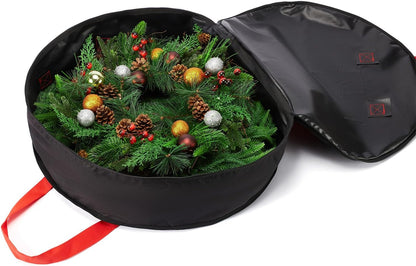 Skiennix Wreath Storage Bag - Heavy-Duty 24" Container for Christmas & Holiday Ornaments - Black