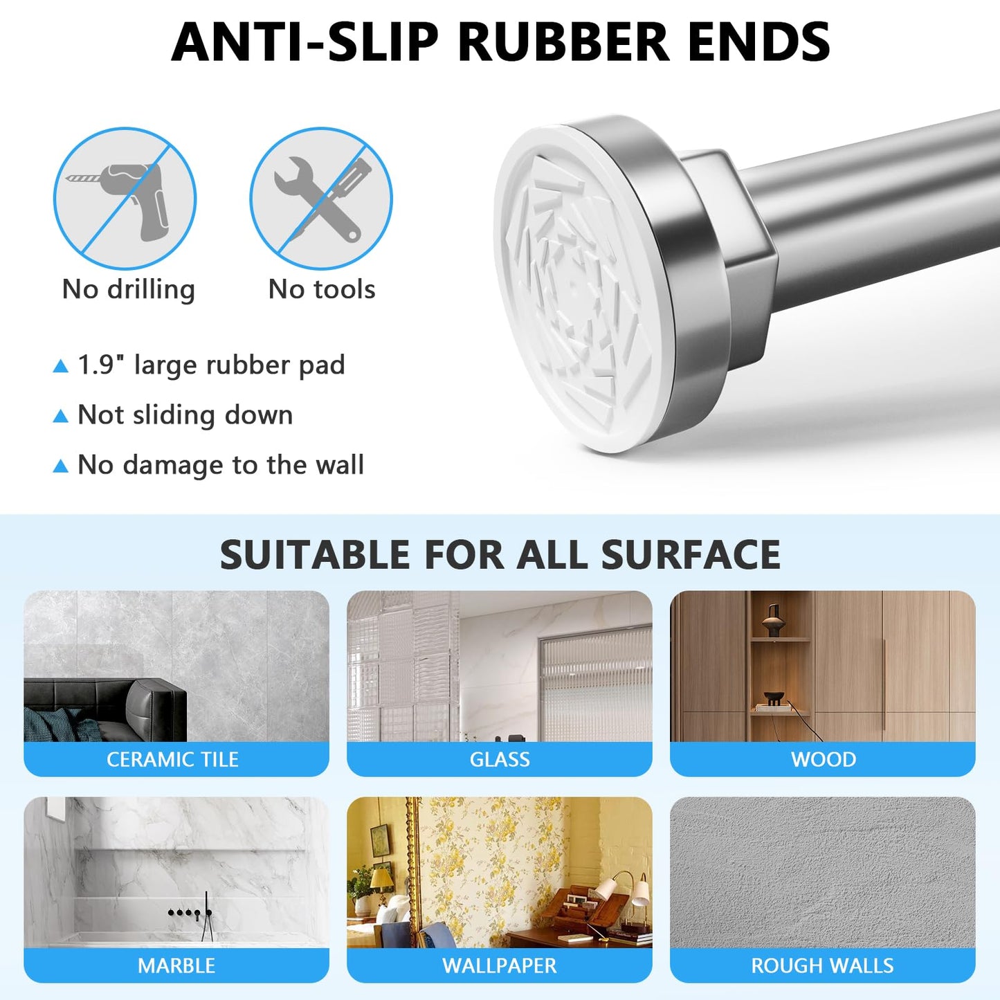 Shower Curtain Rod 27-79 Inches, Adjustable Tension Shower Rod No Drilling, No Slip, Spring Tension Curtain Rod for Bathroom Kitchen Closet Windows - Silver