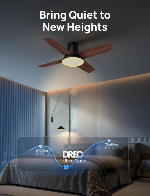 Dreo 44-Inch Ceiling Fan with Lights & Remote - Low Profile Black Flush Mount, Reversible Motor, 6-Speed