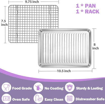 P&P CHEF Stainless Steel Baking Oven Pan - Versatile Sheet Tray with Wire Rack | 10.5 x 8 x 1 Inch, Dishwasher Safe