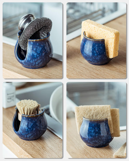 Skiennix Ceramic Sponge Holder - Kitchen Sink Organizer for Scrubbers | Blue Dish Rack