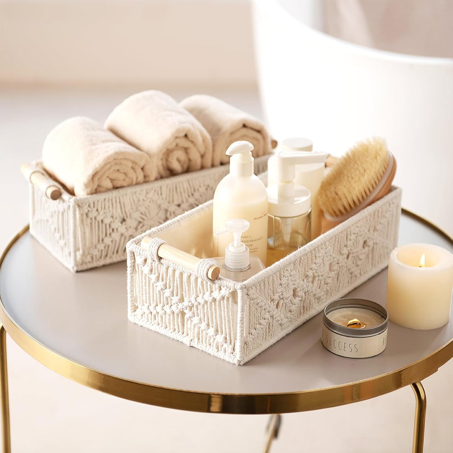 Mkono Macrame Storage Baskets - Handmade Woven Organizer for Home Décor | Set of 2, Ivory