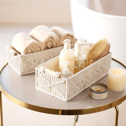 Mkono Macrame Storage Baskets - Handmade Woven Organizer for Home Décor | Set of 2, Ivory