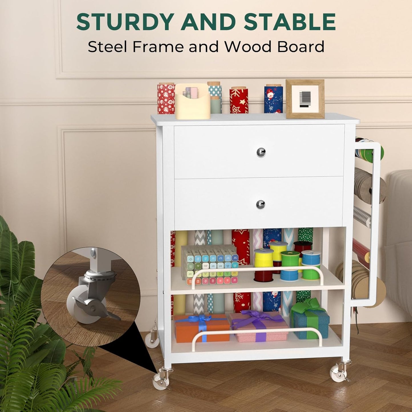 Skiennix Wrapping Paper Organizer - Craft Cart with Ribbon & Gift Bag Storage | 2 Wooden Drawers, White
