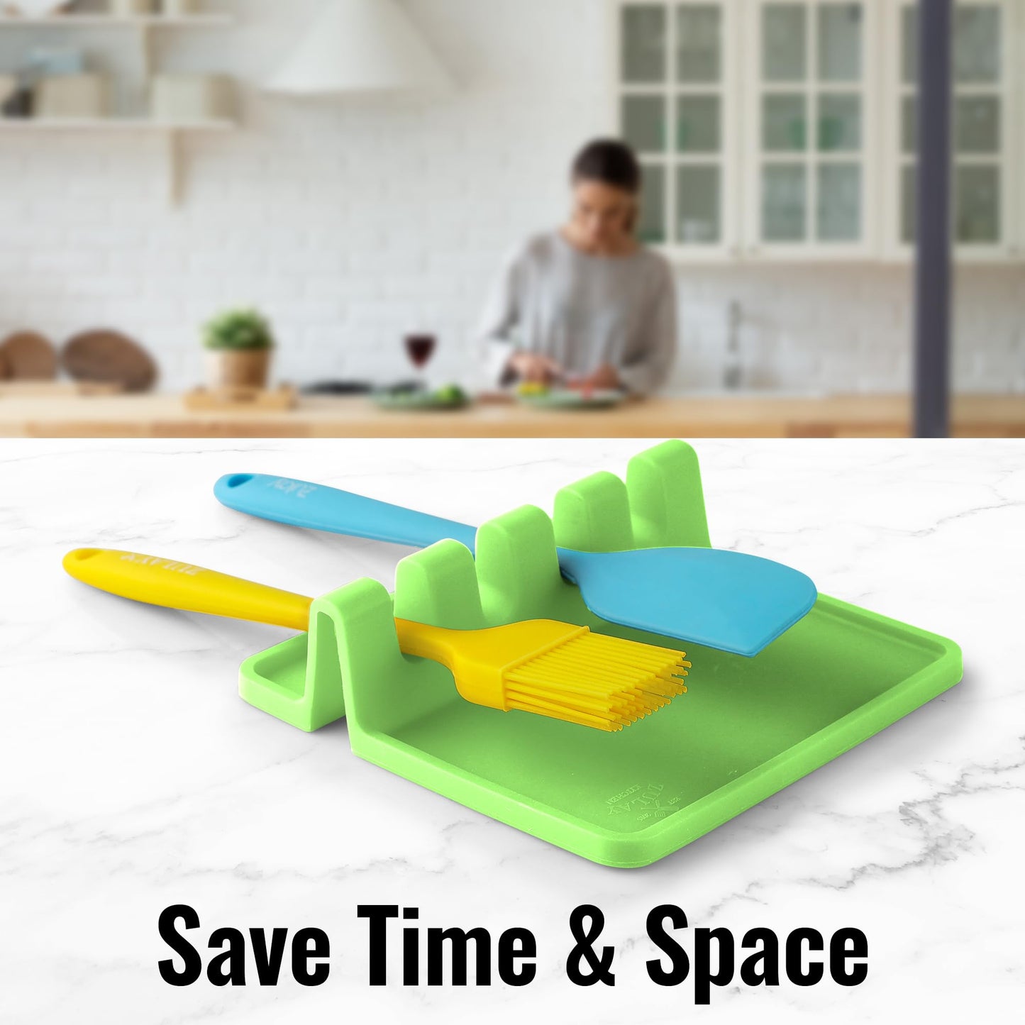 Zulay Kitchen Silicone Utensil Rest with Drip Pad for Multiple Utensils - BPA-Free, Heat-Resistant Spoon Rest & Spoon Holder for Stove Top - Kitchen Utensil Holder for Ladles & Tongs - Green