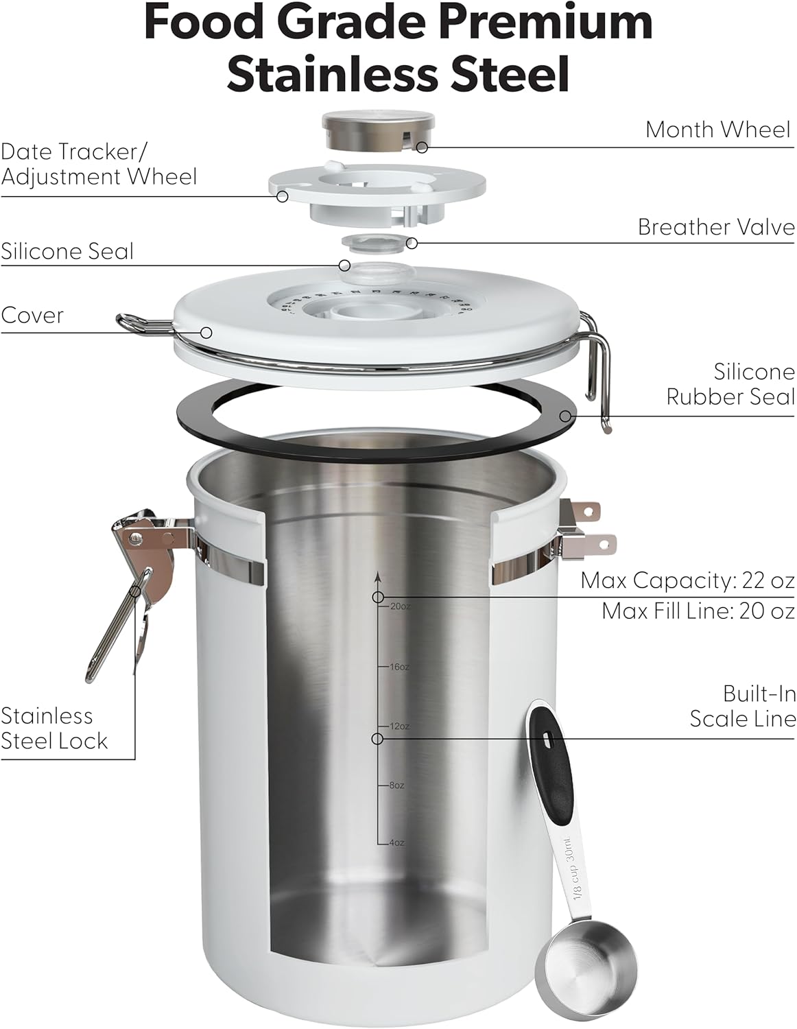 Veken Coffee Canister - Airtight Stainless Steel Container with Window | 22oz White for Grounds, Beans, Tea, and More