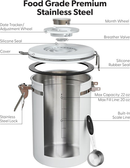 Veken Coffee Canister - Airtight Stainless Steel Container with Window | 22oz White for Grounds, Beans, Tea, and More