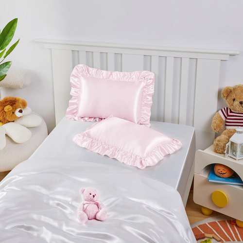 Entisn Ruffle Satin Toddler Pillowcase Set of 2, 13 x 18 Inch Toddler Silky Pillow Covers with Envelope Closure, Anti Wrinkle Soft Travel Pillow Case Nursery Pillow Sham for Girls, Boys (Baby Pink)