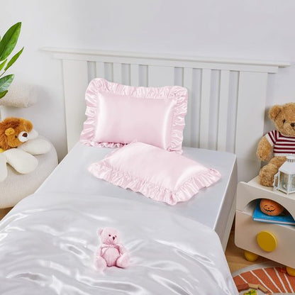 Entisn Ruffle Satin Toddler Pillowcase Set of 2, 13 x 18 Inch Toddler Silky Pillow Covers with Envelope Closure, Anti Wrinkle Soft Travel Pillow Case Nursery Pillow Sham for Girls, Boys (Baby Pink)