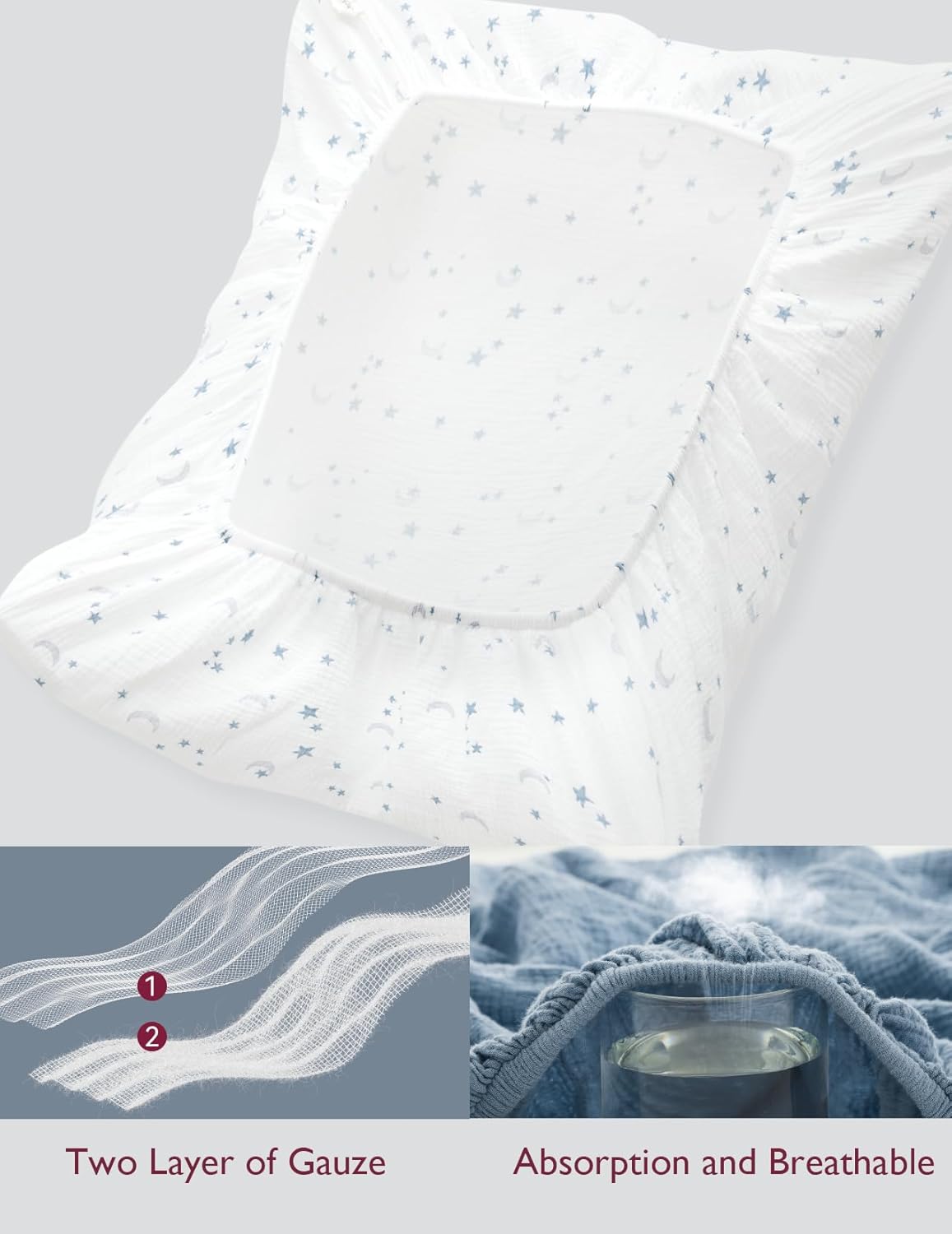 Momcozy Fitted Crib Sheets - Soft Breathable Natural Cotton, 2 Pack, 52"x28", Blue Star Moon Design
