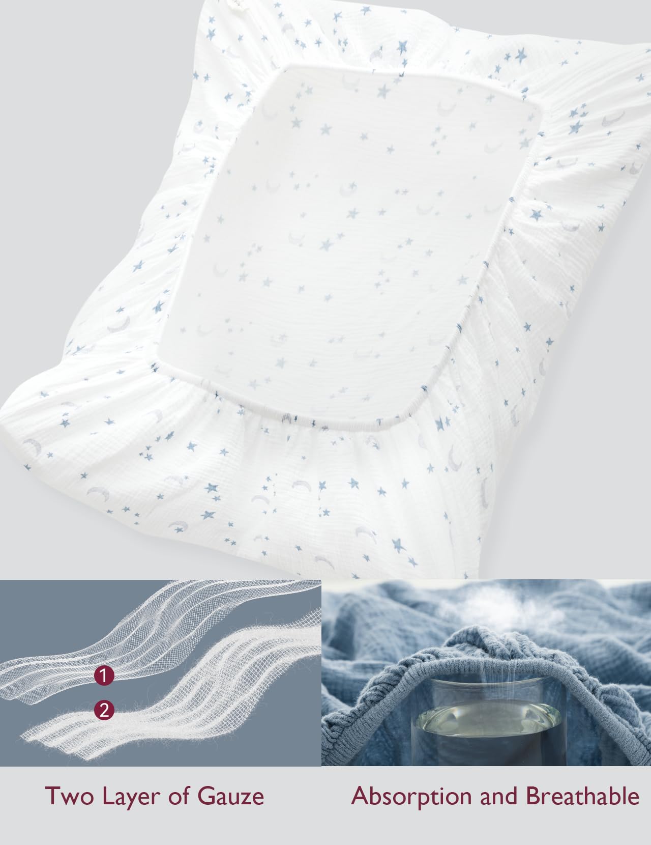 Momcozy Muslin Standard Fitted Crib Sheets, 52"x28", 2 Pack Soft Breathable Natural Cotton Baby Mattress Sheet, 360° Mattress Wrapping No Slip Boys Girls Neutral Toddler Bed Sheet, Blue Star Moon