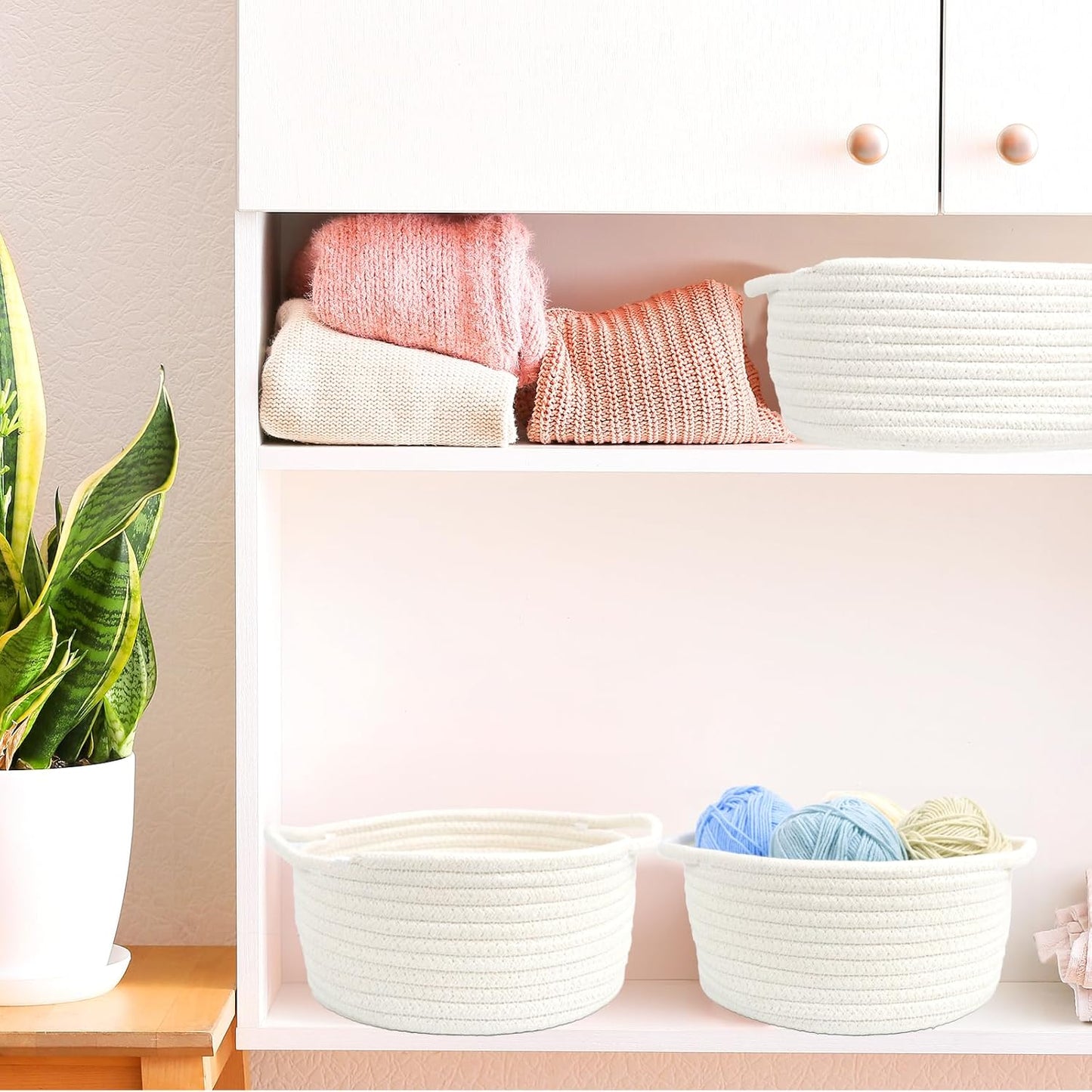 Small Woven Basket with Handle - Cute White Storage Bin for Organizing | Cotton Rope Nursery Gift Basket