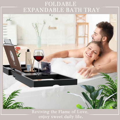 Premium Bamboo Bathtub Tray Caddy - 1 or 2 Person Expandable Wooden Bathroom Tray,Bamboo Bathtub Tray Expandable,Bath Tub Table Caddy with Extending Sides - Black