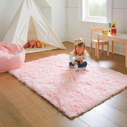 Ophanie Pink Shag Area Rug - Soft Fluffy Furry Carpet for Kids' Bedroom | 4x6 Cute Plush Decor