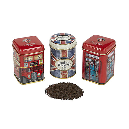 London & British Icons 3x Mini Tea Tins with Fine English Loose Leaf Tea (Union Jack, Red London Bus, Telephone Box)