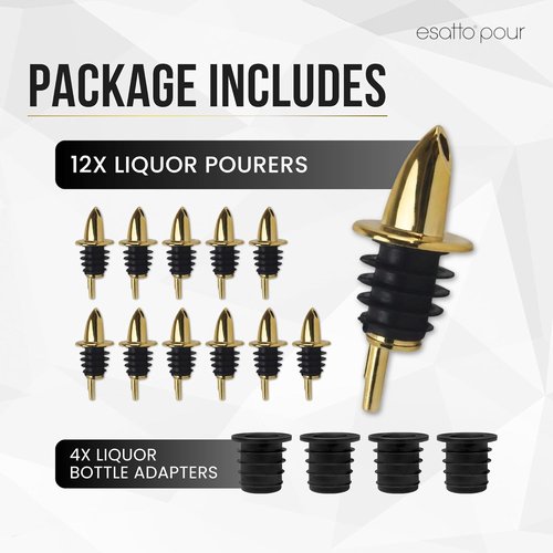 ESATTO 12 Pack Classic Bottle Pourers, Liquor Pourers for Alcohol, Olive Oil, Bartender Accessories Includes 4 Liquor Pourer Adapters for Large Neck Bottles such as Patron Don Julio Tequila (Gold)