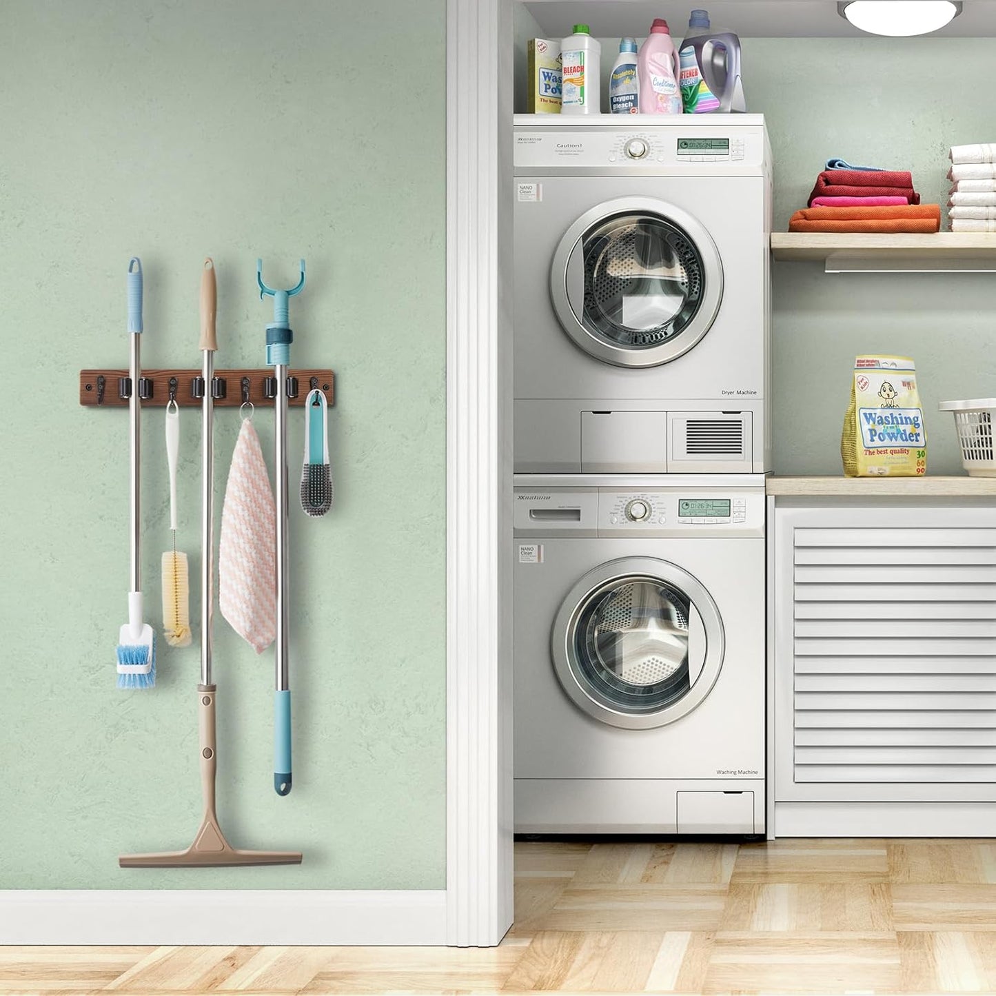 OUTNILI Mop Broom Holder Wall Mount - 3 Slots & 4 Hooks for Kitchen Organization | Rustic Farmhouse Decor