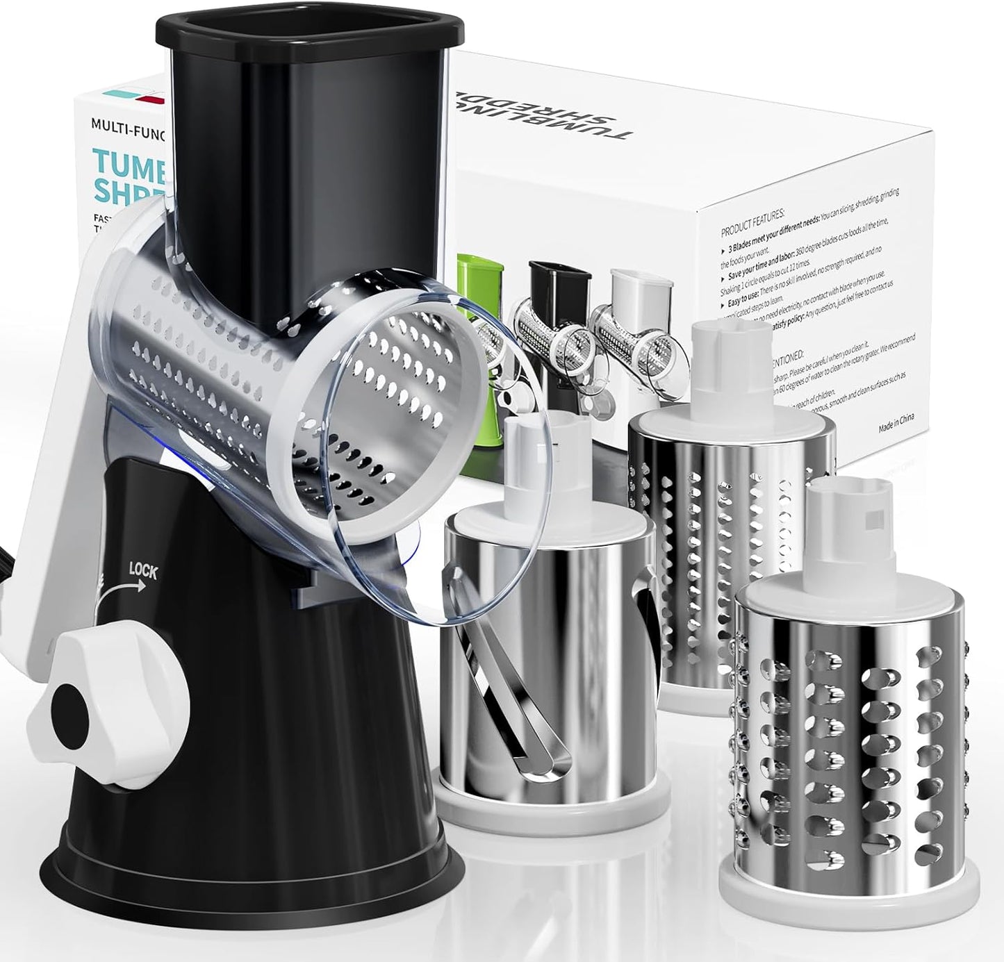 Rotary Cheese Grater - Hand Crank with 3 Interchangeable Blades | Strong Suction Base & No-Cut-Hands Design - Black