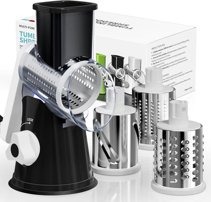 Rotary Cheese Grater - Hand Crank with 3 Interchangeable Blades | Strong Suction Base & No-Cut-Hands Design - Black