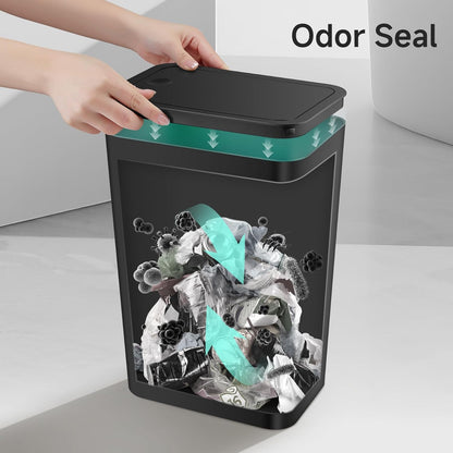 TIPGO Bathroom Trash Can - 4 Gallon Press Top Bin with Pop-Up Lid | Black Plastic Wastebasket for Home or Office