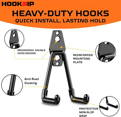 Pack 13 Heavy Duty Garage Hooks - Multi-Sized Wall-Mounted Tool Hangers with Anti-Rust PVC Coating | Ideal for Bikes, Ladders, and Garden Tools
