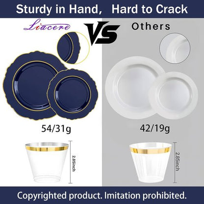Liacere Navy Blue Plastic Plates - 350PCS Disposable Dinnerware Set for 50 Guests | Includes Napkins & Silverware