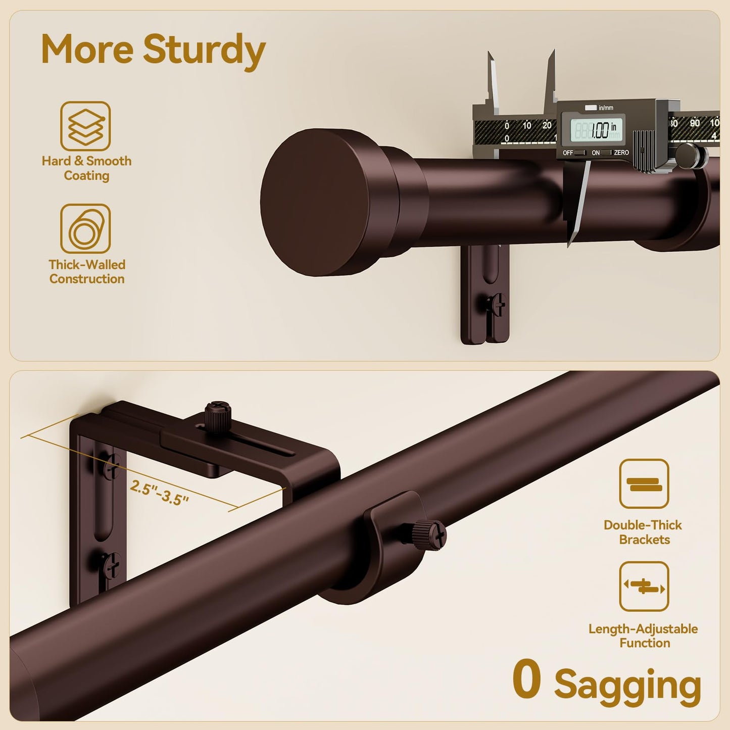 YaFex Curtain Rods 2 Pack 32-84 Inch, Heavy Duty 1 Inch Curtain Rod, Bronze Long Adjustable Window Treatment Rods, Modern Design, Easy Installation