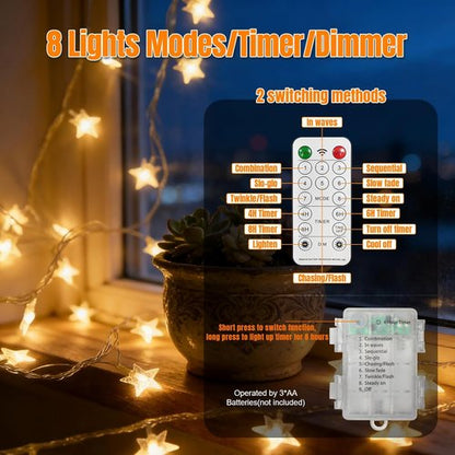 LAMPHOME LED Star String Lights - 16ft Warm White Fairy Lights with Remote & 8 Modes for Decor