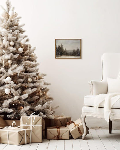 Pine Tree Forest Framed Canvas Wall Art 12x16 Inch – Winter Christmas Living Room Decor