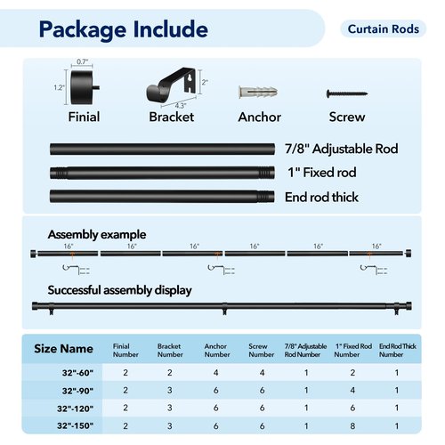 2 Pack Curtain Rods for Windows 48 to 84 Inch(4-7ft), 1 Inch Black Adjustable Heavy Duty Curtain Rod Set, Outdoor Long Drapery Rods for Patio Bedroom, Size 32"- 90"