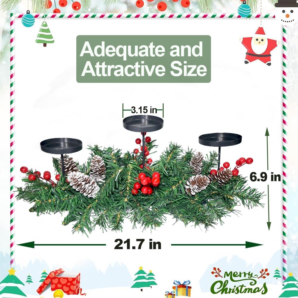 Regine Switzerland Christmas Table Centerpiece - 3 Candle Holders with Red Berries & Pine Cones | Holiday Home Decor