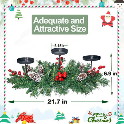 Regine Switzerland Christmas Table Centerpiece - 3 Candle Holders with Red Berries & Pine Cones | Holiday Home Decor