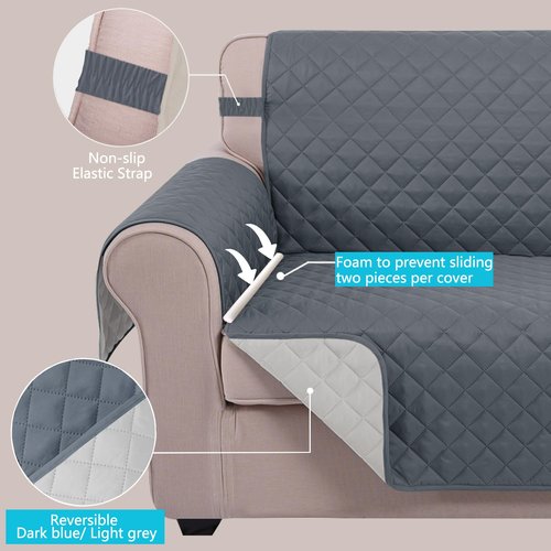 U-NICE HOME Reversible Sofa Cover Couch Cover for Dogs with Elastic Straps Water Resistant Furniture Protector for Pets Couch Cover for 3 Cushion Couch (Sofa, Dark Blue/Light Grey)