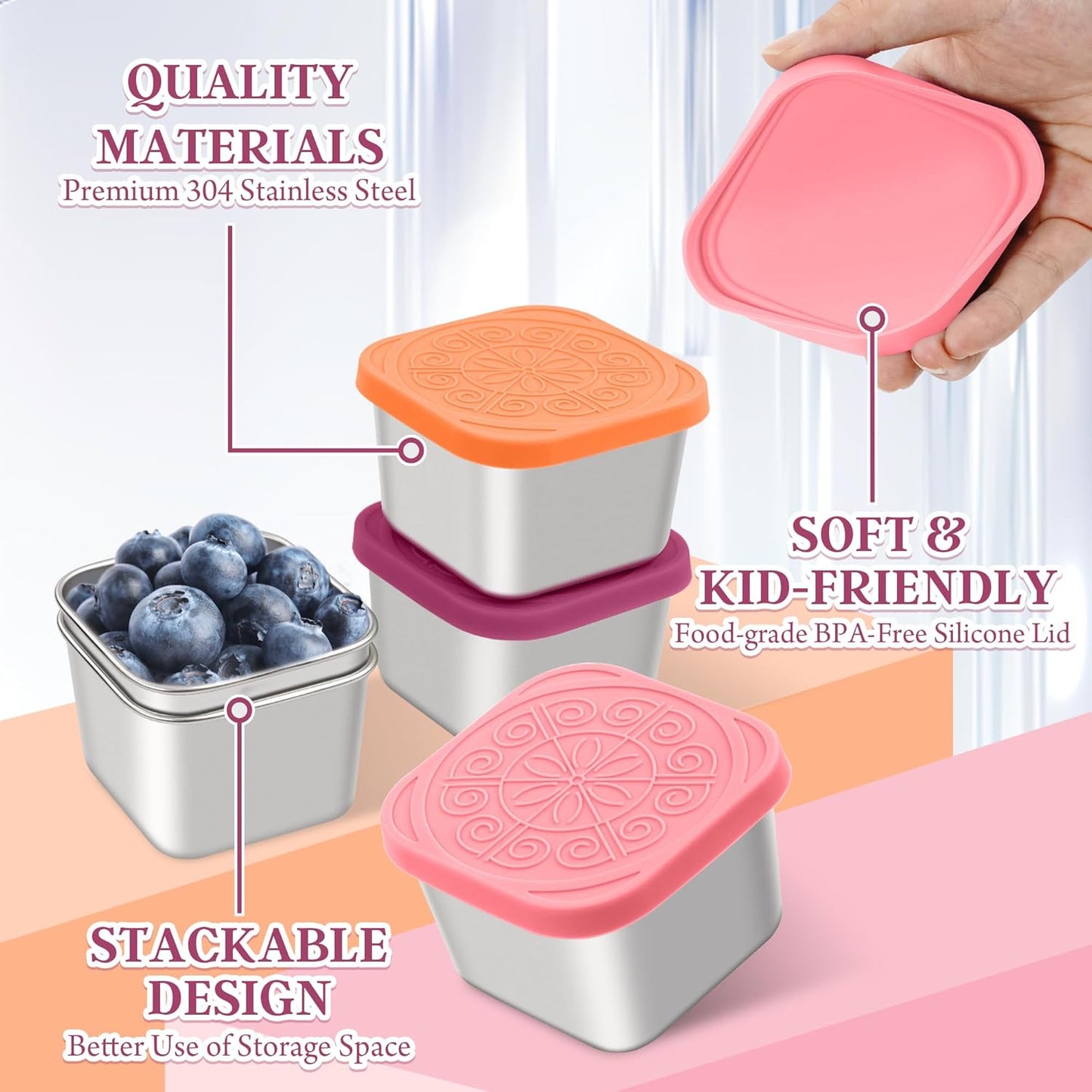 Qukaka Stainless Steel Snack Containers - Leak-Proof & Easy Open - 7.2oz, 3-Pack for Kids' Lunches
