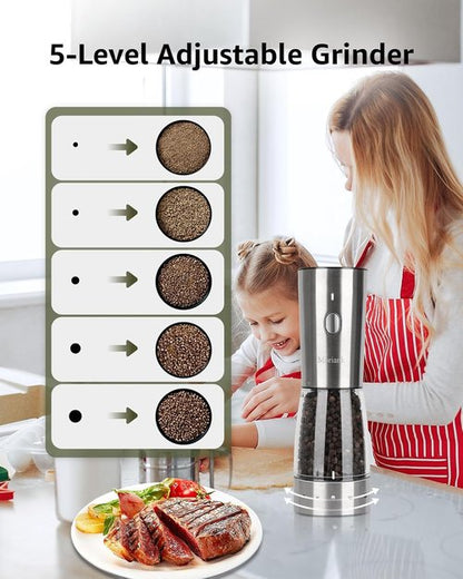 Electric Salt and Pepper Grinder Set, Large Capacity 5.3oz Salt and Pepper Grinder Set with Adjustable Coarseness, Rechargeable Stainless Steel Electric Pepper Grinder with Elegant Storage Base