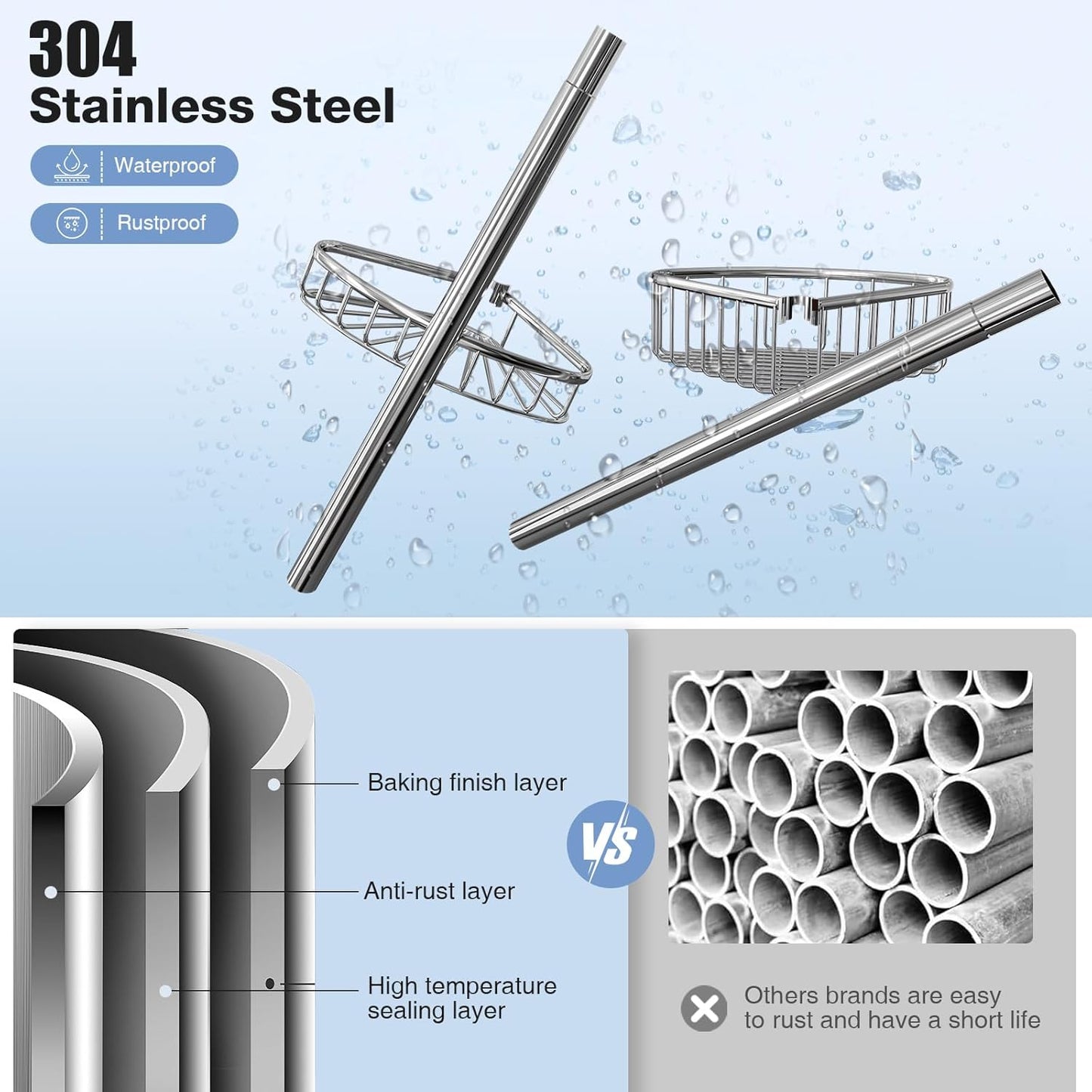 Stainless Steel Corner Shower Caddy by [Brand Name] - Rustproof 4-Tier Tension Pole Organizer | Adjustable 47-121 Inch for Bathtub & Shampoo Storage - Silver