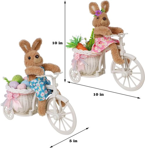 Juegoal Easter Tabletop Decorations - Set of 2 Bunny Couple Riding Bikes | 10" Cute Animal Figurines for Spring Home Decor