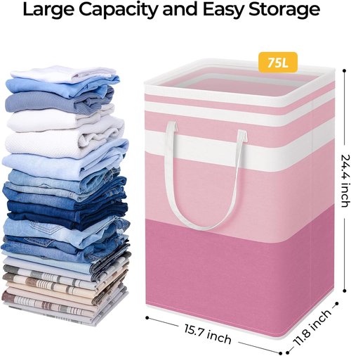HomeHacks Large Waterproof Laundry Baskets - Collapsible Hampers with Reinforced Handles | 75L Each, Pink