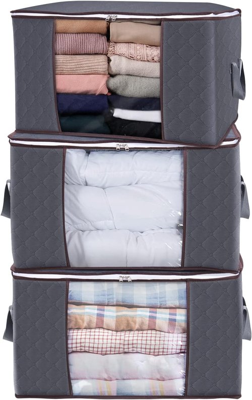 Lifewit 90L Clothes Storage Bins - 3 Pack Foldable Bags with Lids, Clear Window & Reinforced Handles